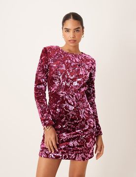 Robe courte en velours à sequins - Rose foncé L