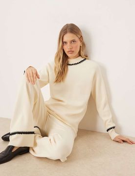 Strick-Pullover in Creme mit kontrastierendem Besatz, Kombiteil-Weiß Weiß M