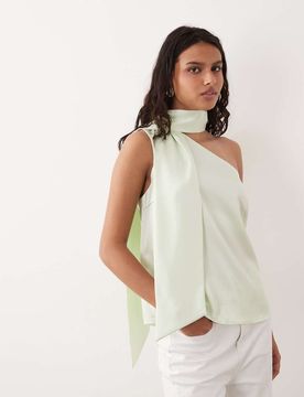Satin-Oberteil in Grün mit One-Shoulder-Träger und Schaldetail Grün 34