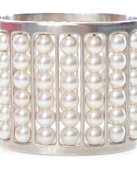 Silver Plated Wide Faux Pearl Cuff Bracelet