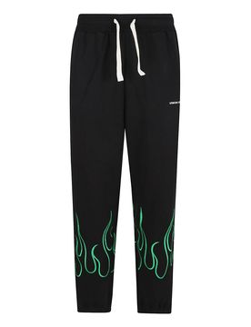 Pantaloni Neri con Fiamme Verdi Ricamate