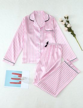 Campos Elegantes] Conjunto de pijama de satén para mujer de 2 piezas, top de manga larga con cuello y pantalones a rayas con lazo, ropa de estar por