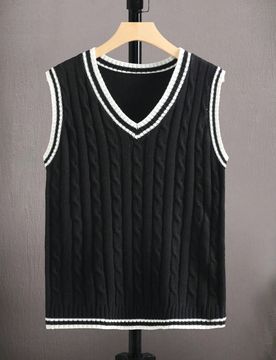 Chaleco de punto de cable con cuello en V y ribete a rayas de contraste, casual para hombres, otoño invierno, vacaciones