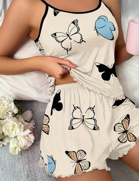 Conjunto de pijama con estampado de mariposa, ribete contrastante y acabado de lechuga