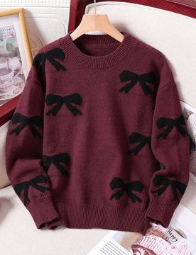 Suéter tejido con lazo de estilo ballet para niña preadolescente, diseño de lazo negro dulce y fresco de cuello redondo suelto