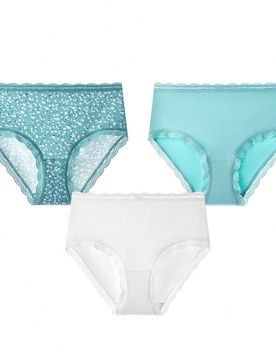 Paquete de 3 bragas de mujer de algodón suave y transpirable con estampado floral y encaje en la cintura alta - Paleta de colores verdes