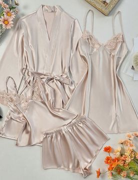 Conjunto de 4 piezas de pijama: Camisón de dormir de seda sintética con cuello en V y bordado, top y pantalones cortos, y bata con cinturón, ropa d