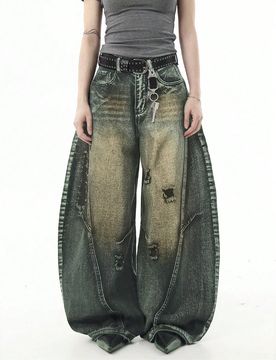 Pieza Jeans de pierna ancha con ajuste holgado y efecto desgastado vintage, pantalones casuales de estilo urbano para hombres (sin cinturón ni acceso