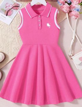 Vestido casual con cuello polo y estampado de dibujos animados para niñas pequeñas