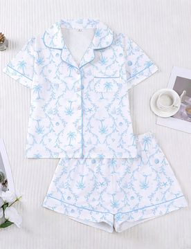 Pcs/Set Conjunto de Pijama para Mujer, Estampado Tropical Oceánico, Ropa de Estar en Casa para Mujer, Conjunto de Vacaciones Primavera/Verano, Conjun