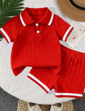 Set de 2 piezas de ropa casual de verano para niños pequeños, con polo y pantalones cortos de unicolor con jacquard
