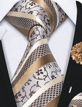 Juego de corbata para hombres con estampado de rayas y paisley en marrón, plata y blanco, que incluye pañuelo de bolsillo y gemelos, corbata elegant