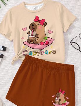 Conjunto de 2 piezas con estampado de capibara y lazos con cerezas, top de manga corta y shorts casual para niñas preadolescentes, ideal para salidas