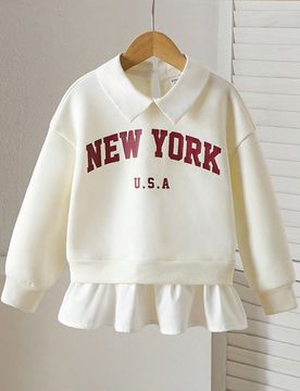 Sudadera informal de cuello redondo de manga larga con estampado de letras y bloqueo de color, forrada térmicamente, para niña, otoño/invierno