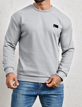 Sudadera holgada para hombre con detalle de parche con letra, sudadera gris de otoño, top de manga larga