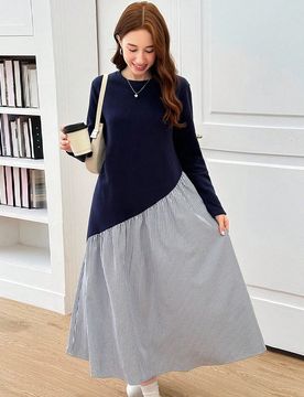 Vestido casual de manga larga holgado de punto con bloques de color para adolescentes