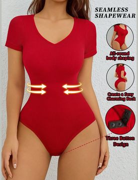 Conjunto de body casual de mujer con cuello en V de unicolor, calzones con diseño de hebilla, body sin costuras con control de abdomen acanalado