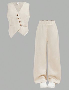Conjunto de 2 piezas informal para niña preadolescente con top sin mangas de unicolor tejido y asimétrico con botones, y pantalón lápiz de ajuste