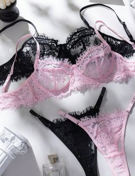Conjunto de 4 piezas de sujetador con aros y pantis de encaje transparente y romántico para mujer