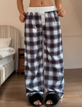 Pantalones de pijama de mujer con estampado a cuadros y burbujas con botones falsos
