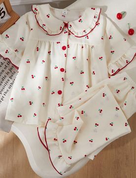Conjunto de ropa informal y cómoda de 2 piezas para niña preadolescente, con blusa color albaricoque con estampado de cerezas rojas, cárdigan de ma