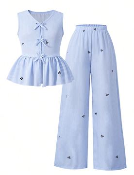 Conjunto de top sin mangas con volantes y pantalones de pierna ancha con estampado de rayas de cereza y decoración de lazo para niña preadolescente,