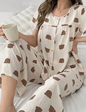 Conjunto de pijama para mujer de manga corta y ajuste holgado con estampado de osito de lunares, ideal para verano