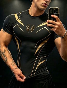 Camiseta de cuello redondo con estampado de araña y patchwork para hombre, casual y versátil para uso diario & deportes, gimnasio