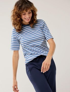 Baumwoll Ringelshirt, normale Größen, Farbe Blau, 52, hautsympathische Baumwolle bequem, da elastisch Damen