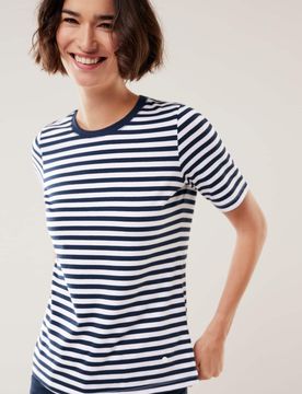 Baumwoll Ringelshirt, normale Größen, Farbe Blau, 46, hautsympathische Baumwolle bequem, da elastisch Damen
