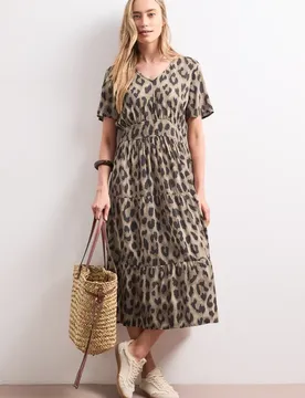 Midi-Kleid mit Print und Smok-Detail female Beige
