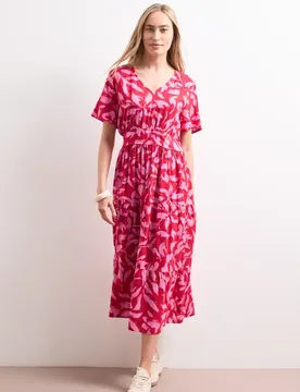 Midi-Kleid mit Print und Smok-Detail female Rot