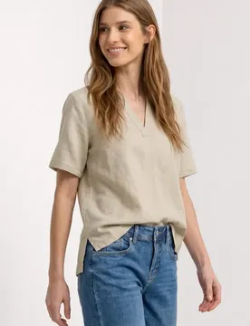 Bluse mit Split Neck aus Leinenmix female Beige