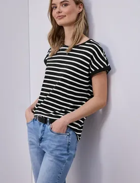 Dropped Shoulder T-Shirt mit Streifen female Schwarz