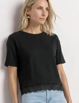 T-Shirt mit Rundhals und Spitze female Schwarz