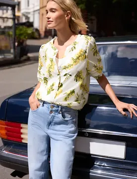 Street One Kurzarm Bluse mit Split Neck und Print female Gelb Multicolour Weiß