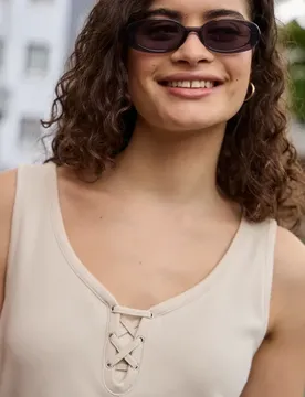 Street One Top mit V-Neck und Bänderdetail female Beige