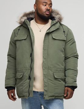 Herren Plus Kunstpelz Kapuzen Arctic Parka Jacke in Schwarz Khaki Größe 2XL