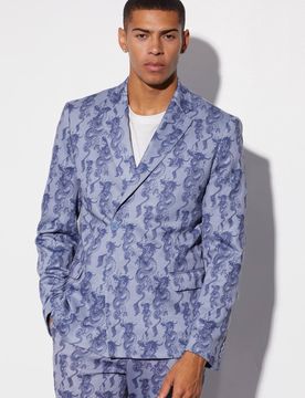 Herren Slim Fit Wickel-Sakko mit Drachenprint Ice Blue Größe 36