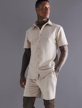 Herren Kurzarm Jersey Fischgrät-Hemd und Shorts Set Stone Größe 4XL