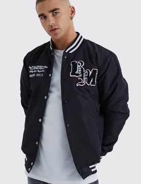 Herren Nylon Varsity-Jacke mit Aufnähern Black Größe Large