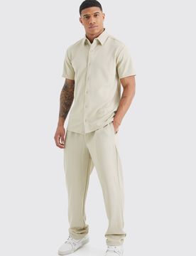 Herren Kurzarm Jersey Fischgrät-Hemd und Hosen Set Stone Größe Medium