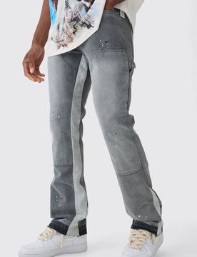 Herren Slim Rigid Flare Paint Splatter Gusset Zimmermann Jeans Hosen Grey Größe 36R