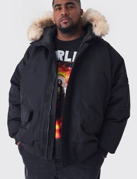 Herren Plus Kapuzen-Parka mit abnehmbarem Kunstfell-Besatz in Regular Fit in Schwarz Black Größe 2XL