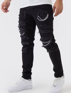 Herren Skinny Stretch Zerrissene Ketten-Jeans Hosen Black Größe 32R
