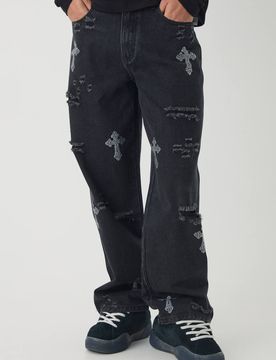 Herren Relaxed Fit Strass-Kreuz Ripped Jeans Hosen Washed Black Größe 30R