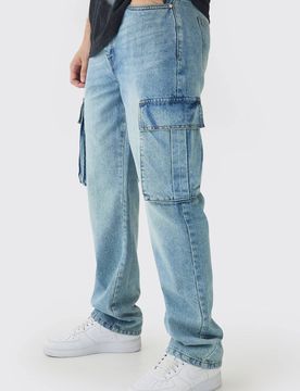 Herren Hohe Gerade Steife Cargo-Jeans Hosen Antique Blue Größe 40