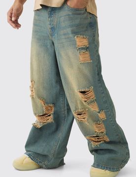 Herren Extreme Baggy Rigid Komplett Zerrissene Jeans Hosen Light Blue Größe 32R