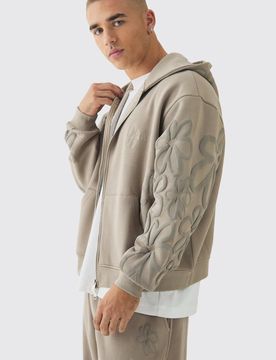 Herren Oversized Boxy Hoodie Sweatshirt mit Blumen-Puff-Print und Reißverschluss Taupe Größe Medium