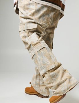 Herren Wald-Camouflage Multi-Cargo Slim Bootcut Jeans Hosen Stone Größe 38